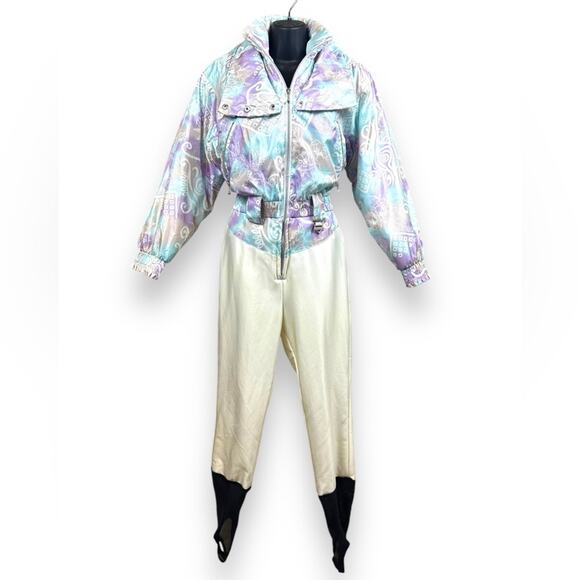 GORGEOUS vintage FERA skiwear snowsuit zip retro 80s 90s purple blue size 6 - Picture 2 of 15